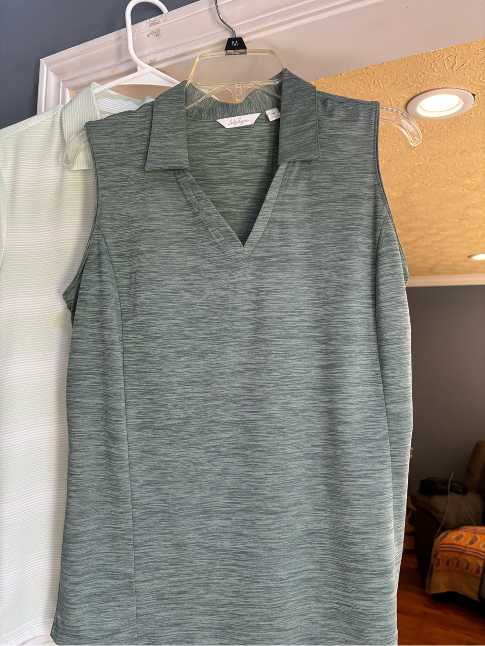 Lady Hagen Sleeveless V-Neck Polo Tank in Heathered Sage Green